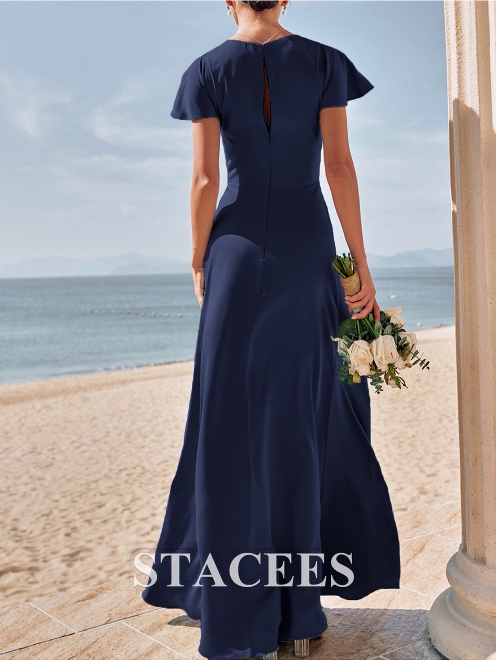 Stacees Dark Navy V-Neck Satin Bridesmaid Dress - Picture 2 of 8
